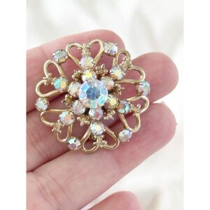 Aurora Borealis Heart Shaped Filigree Round Rhinestone Brooch